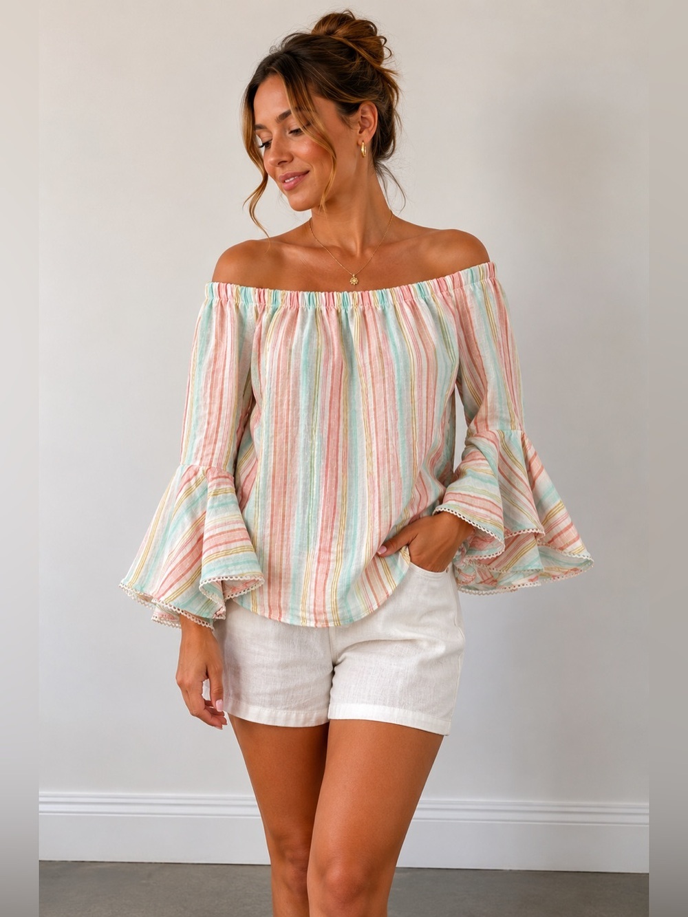Solitaire Pastel Color Stripe Bell Sleeve Off The Shoulder Top Size Large